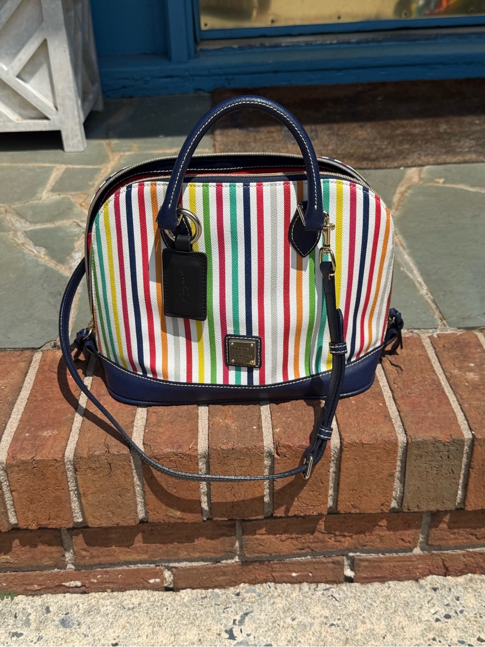 Like New Vintage Dooney &Bourke “Catalina” Striped Satchel with Navy Trim - Picture 4 of 15